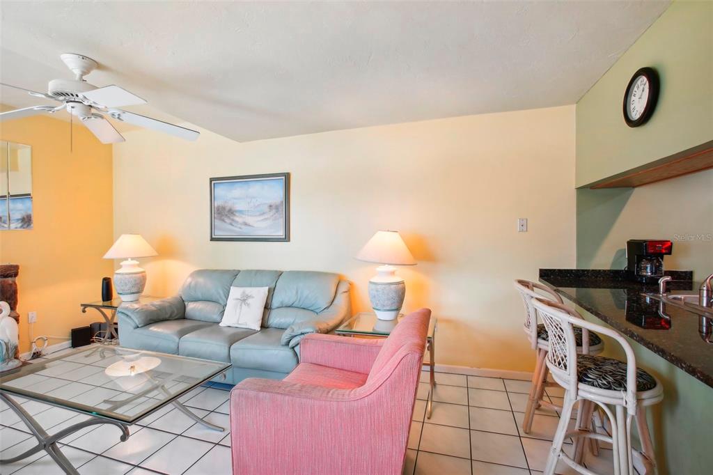 343 Rex Place, Unit F Madeira Beach, FL 33708 - Photo 7 of 28 a living room with furniture a rug and a wall painting