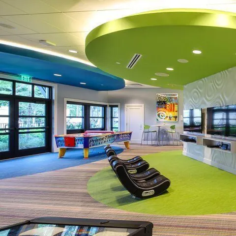 a room with games and windows