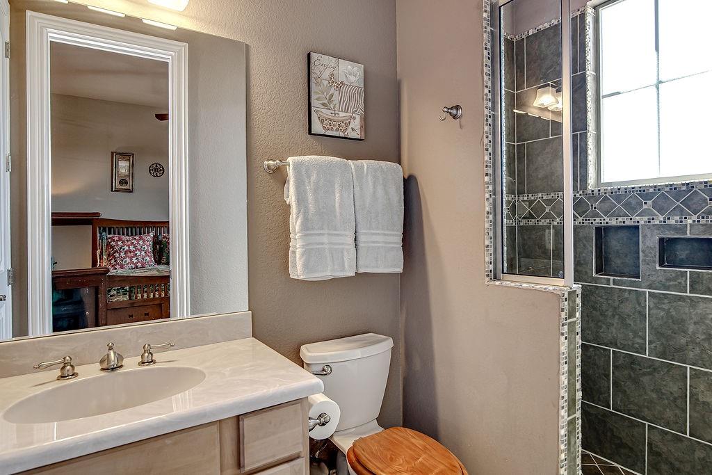 117 Citation Drive Cresson, TX 76035 - Photo 25 of 40 Bathroom featuring a textured wall, a walk in shower, and vanity