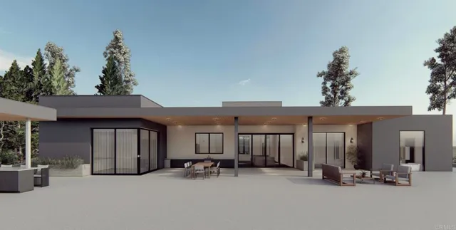 an outdoor space with patio furniture and a fireplace