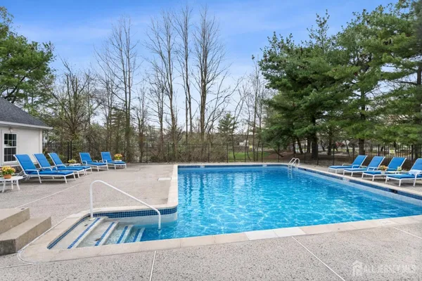 a view of a swimming pool with a lounge chair