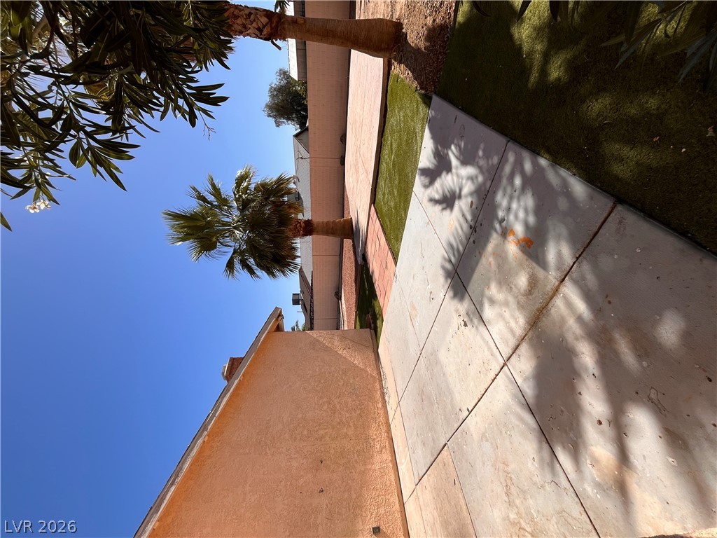 5348 Ravendale Circle Las Vegas, NV 89120 - Photo 13 of 14 Palm trees shade the concrete walkway and a neatly maintained lawn under a vast blue sky.