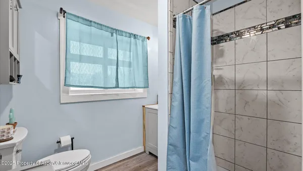 a bathroom with a toilet and a shower