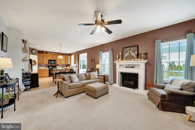 a living room with furniture a fireplace and a large window