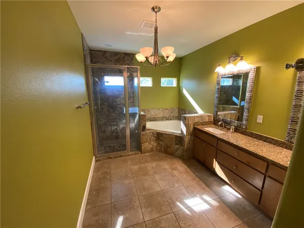 a bathroom with a sink a mirror and a shower