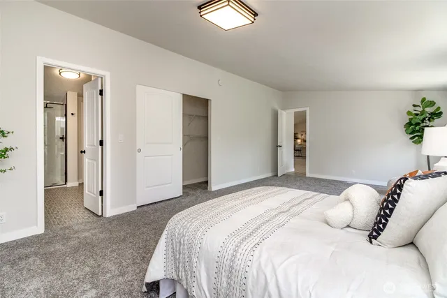 a bedroom with a bed and a walk in closet