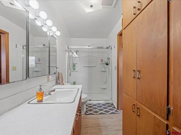 a bathroom with a sink a toilet and shower