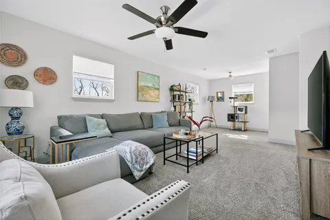 an entryway with wooden floor