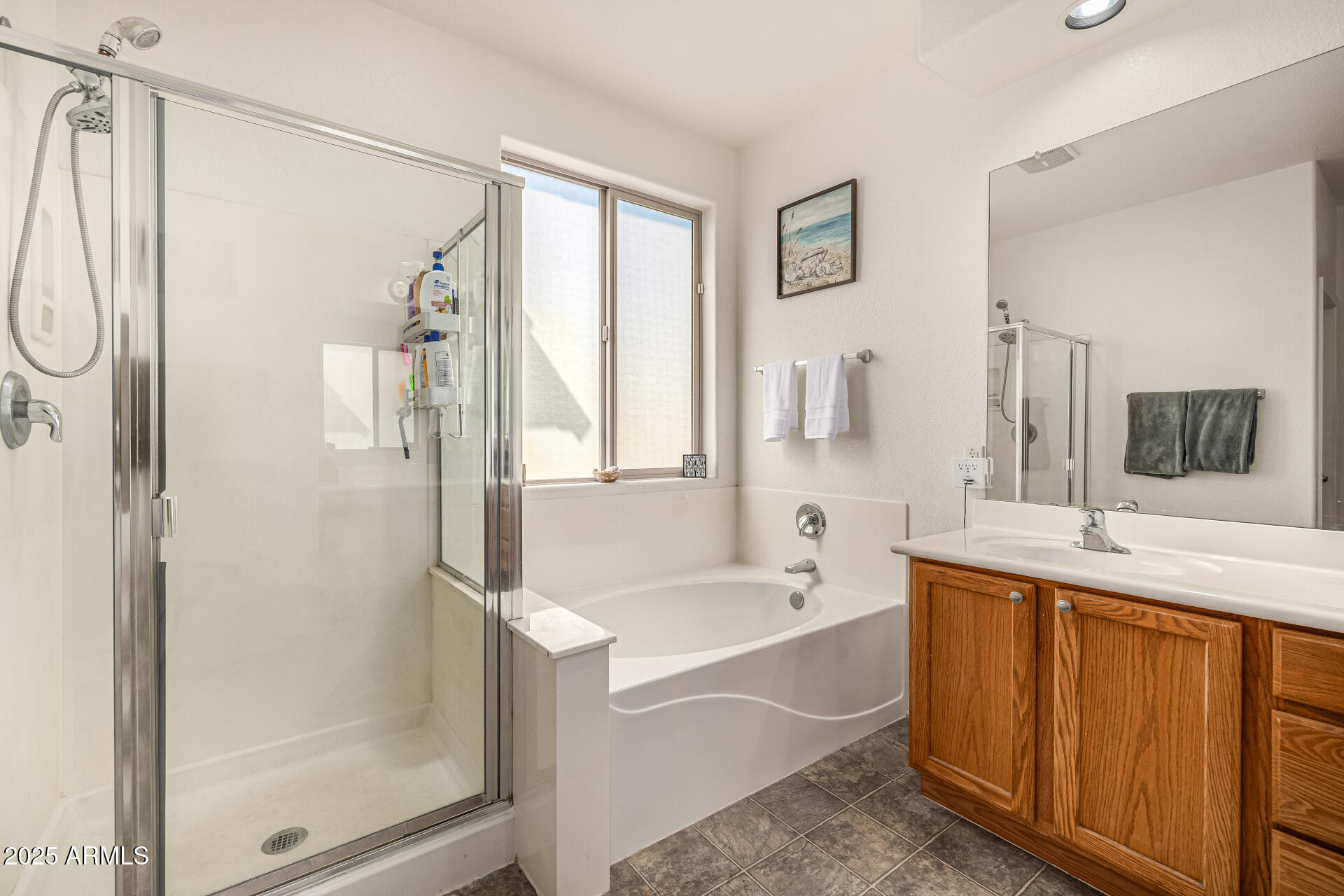 2026 North Rascon Loop Phoenix, AZ 85037 - Photo 16 of 38 a bathroom with a tub sink shower and mirror