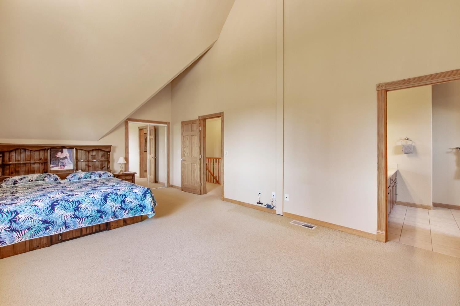 717 Swanson Lane Colfax, CA 95713 - Photo 19 of 44 a bedroom with a large bed and a chandelier