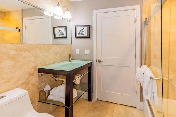 a view of a bathroom with shower and wooden door