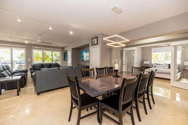 a view of a dining room with furniture
