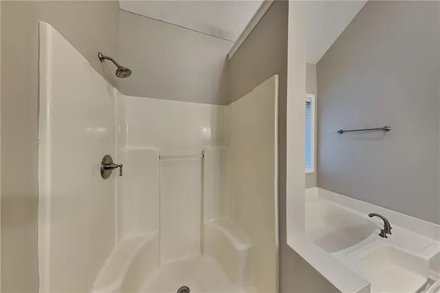 a bathroom with a shower and a sink