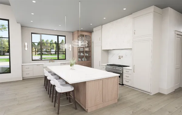 a large kitchen with sink a stove and a large window