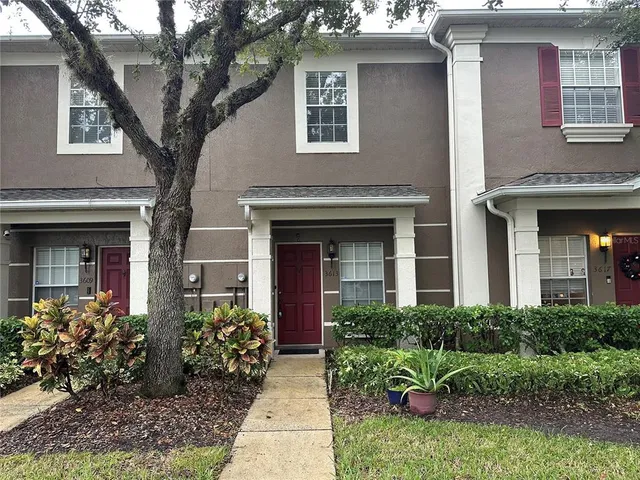 a view of a house with potted plants and a large tree