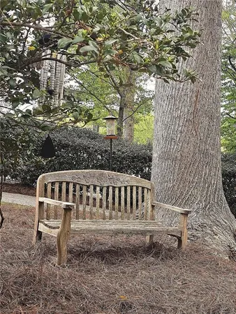 a view of a chair and table in the backyard