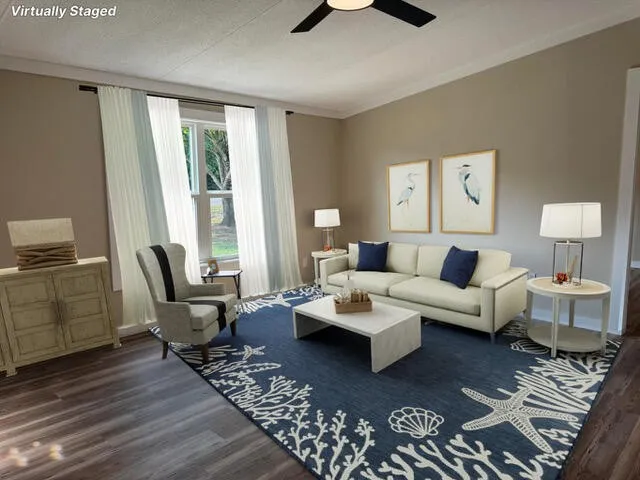 a living room with furniture rug and window