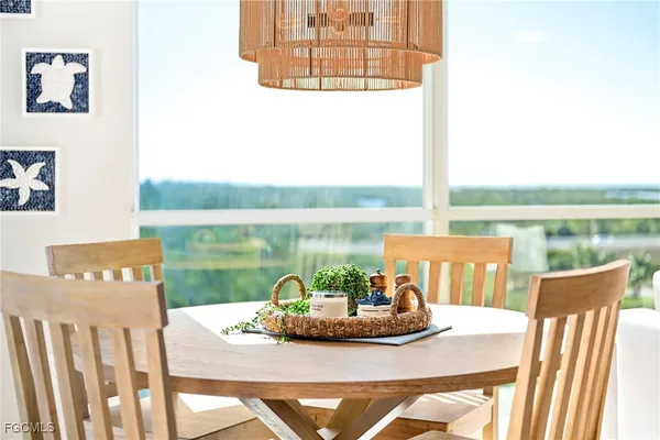 a view of a dining room with furniture window and outside view