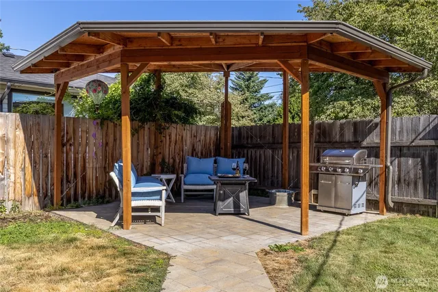 a backyard of a house with table and chairs