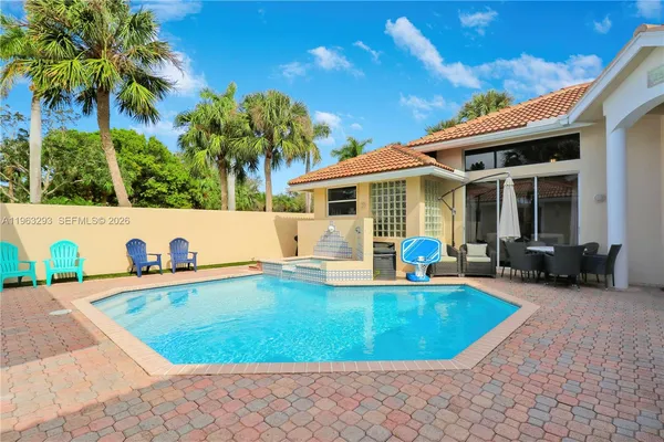 a view of a swimming pool with chairs