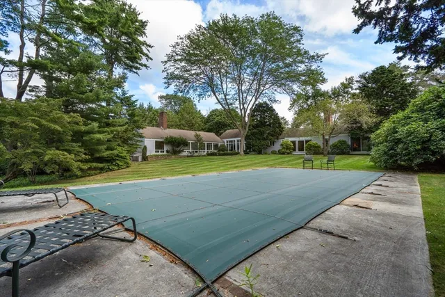 a view of a tennis ground with large trees
