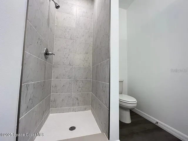 a bathroom with a shower and a toilet