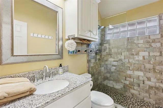 a bathroom with a granite countertop toilet sink and mirror