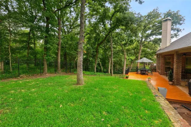 a view of backyard with a large trees and playing area