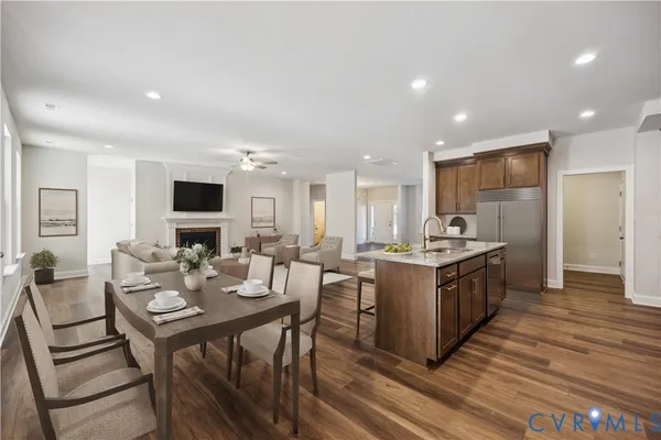 a view of a livingroom with wooden floor