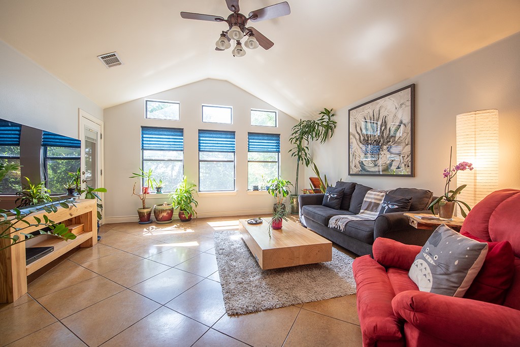 Sun-filled great room with soaring vaulted ceilings and expansive windows.