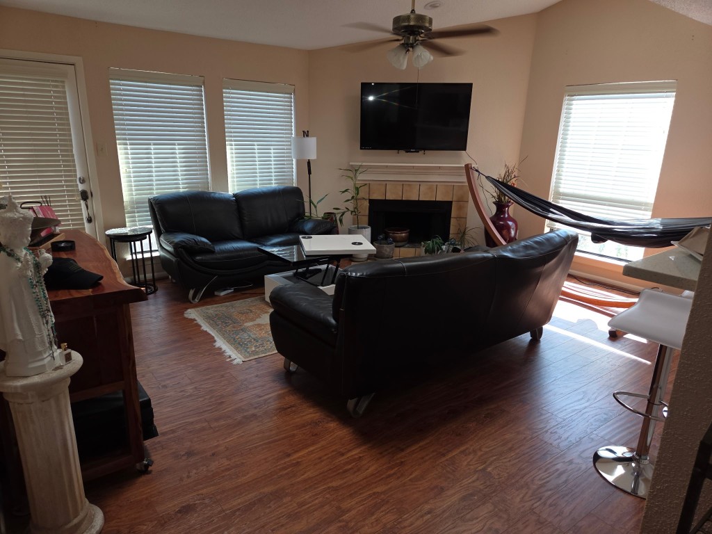 2277 South Kirkwood Road, Unit 902 Houston, TX 77077 - Photo 3 of 9 Living Room with fireplace and skylights