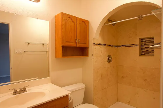 a bathroom with a sink toilet and shower