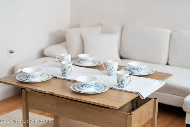 a view of a dining room with furniture