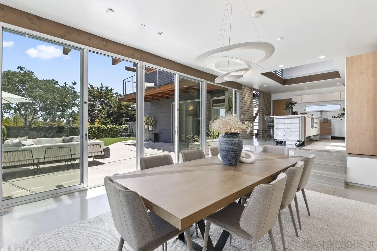 1635 Gascony Road Encinitas, CA 92024 - Photo 23 of 41 a dining room with furniture wooden floor and a chandelier