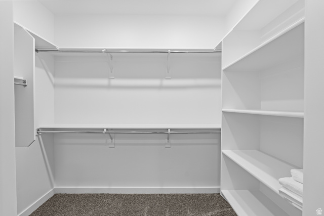 1589 South Fins Road, Unit 4178 Washington, UT 84780 - Photo 28 of 30 Walk-in closet featuring white wall shelving, multiple chrome hanging rods, and dark gray carpet flooring