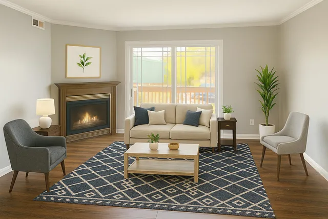 a living room with furniture a rug a fireplace and a large window