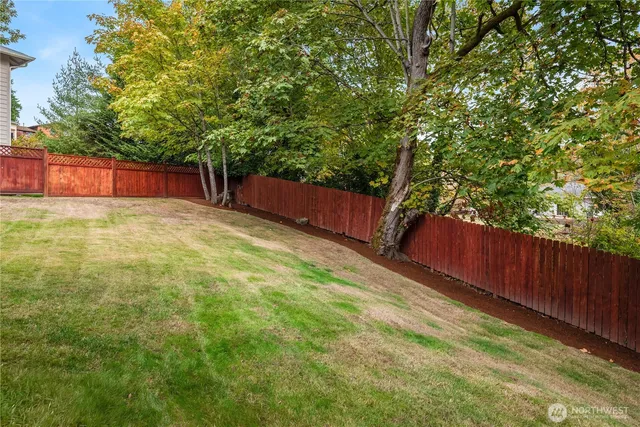 a view of a yard with wooden fence