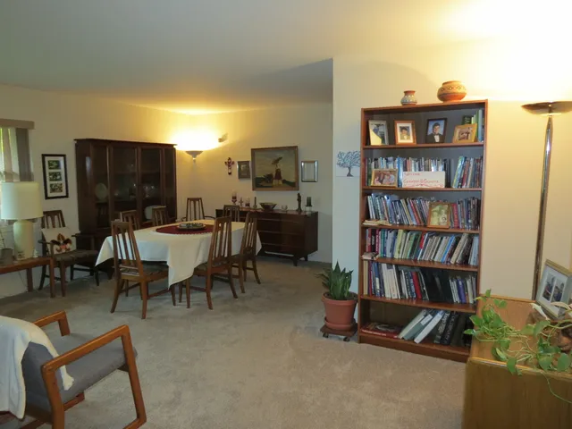 a living room with furniture and a book shelf