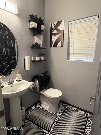 a bathroom with a sink toilet and mirror