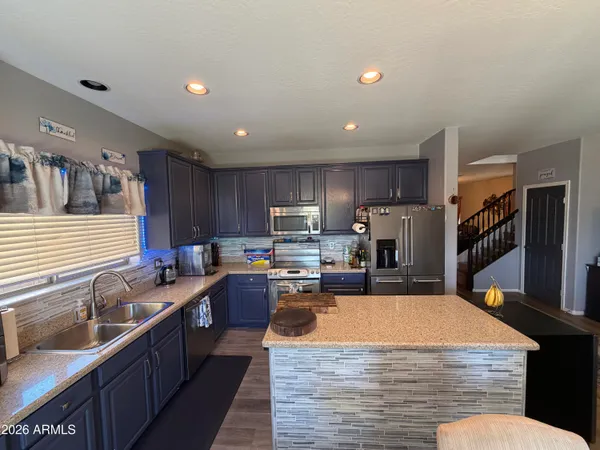 a kitchen with lots of counter top space