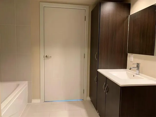 a bathroom with a sink a mirror and a shower