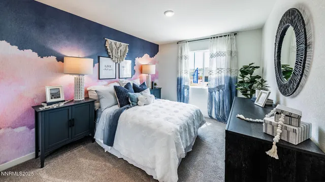 a bed room with a bed and a mirror