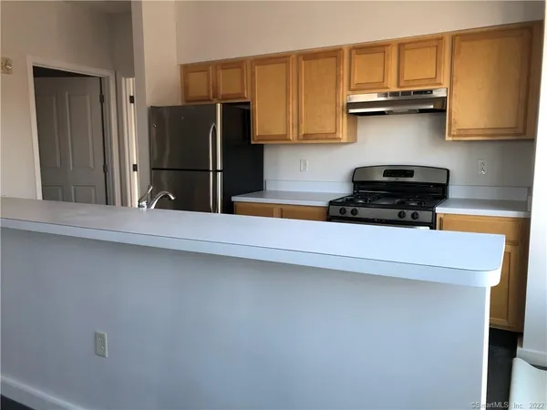 a kitchen with stainless steel appliances a refrigerator a sink and white cabinets