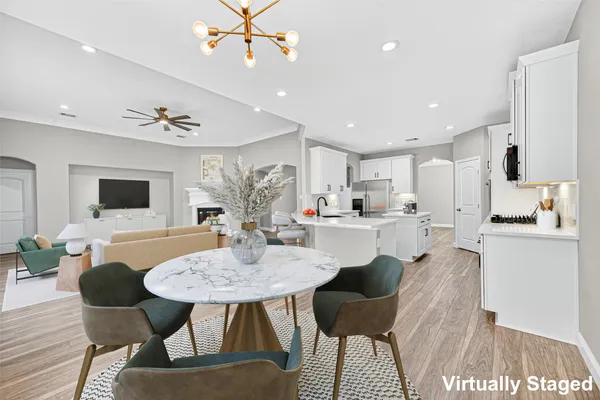 a view of a dining room with furniture