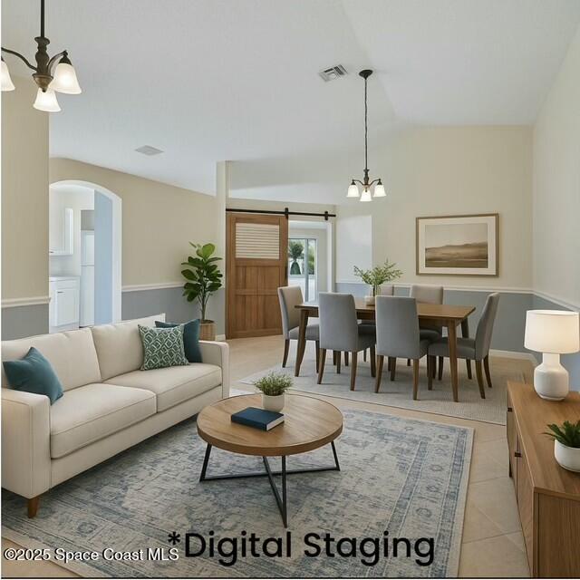 2405 Bayhill Drive Melbourne, FL 32940 - Photo 16 of 36 a living room with furniture a rug and a chandelier