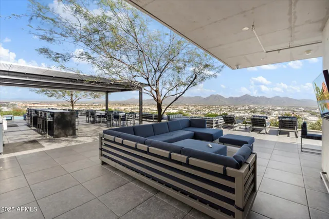a view of a a dining hall with many windows