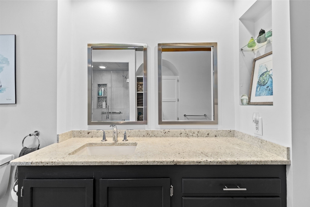 224 Snipatuit Road Rochester, MA 02770 - Photo 26 of 42 a bathroom with a granite countertop sink and a mirror