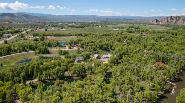 a view of a city with lush green forest