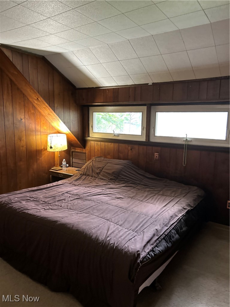 11406 Bellaire Road Cleveland, OH 44111 - Photo 10 of 28 Carpeted bedroom with wood walls and lofted ceiling