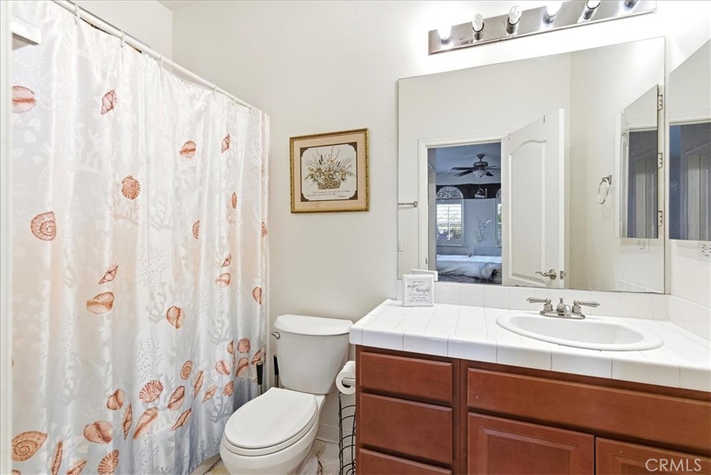 17715 Timberview Drive Riverside, CA 92504 - Photo 19 of 46 a bathroom with a sink a toilet and shower curtain